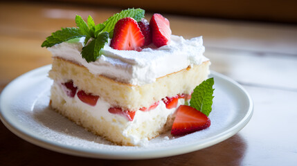 Pastel de Tres Leches, Three milks cake, a sweet and delicious piece with a lot of fresh strawberries on a plate, at the kitchen. Generative AI