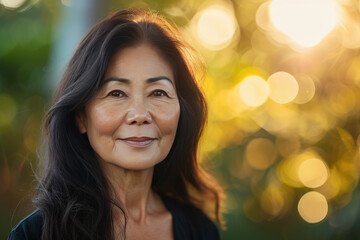Fototapeta na wymiar Headshot of beautiful mature Asian woman with blurred nature background in soft morning sunlight. Old age skin care concept