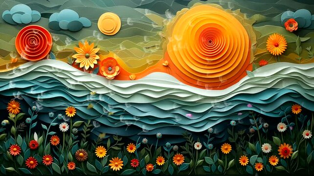 Paper art flower garden with dandelion and butterfly. Seamless looping time-lapse 4k video animation background 