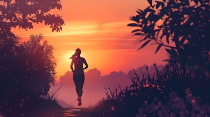 Fototapeta premium Solo runner embarks on a peaceful journey at dusk, silhouetted against a vivid sunset. embrace tranquility and solitude sensation. AI