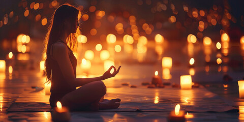 beautiful young woman meditating in yoga pose, candle lights