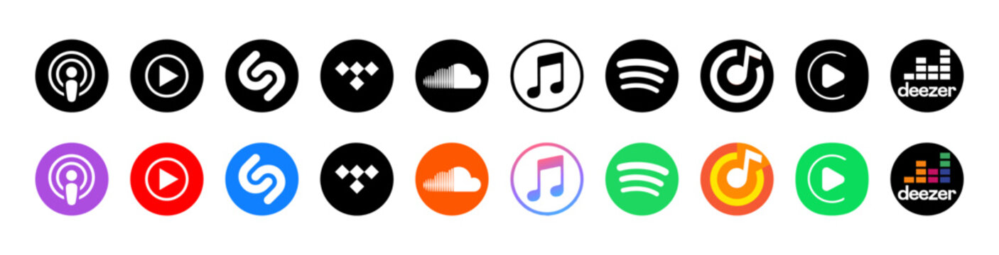 Music service logos. Podcasts, YouTube Music, Shazam, Tidal, SoundCloud, iTunes, Spotify, Yandex Music, CarPlay, Deezer logos. A large set of popular music services. Vector icons