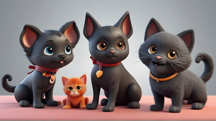 Obraz premium Cute black baby dog and cat playing 3d character. Cartoon dog and cat playing with big red eyes. 3d render illustration. Farm animals set 