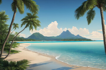 Serene beach view with palm trees and distant island. The concept of recreation and tourism.