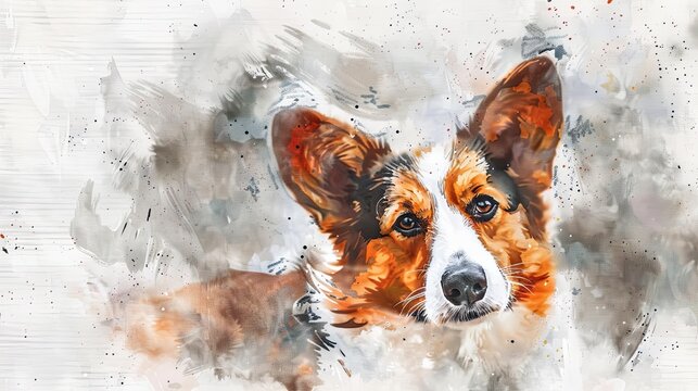 Whimsical Watercolor: Delicate Cardigan Welsh Corgi Portrait on White, Evoking Softness and Transparency