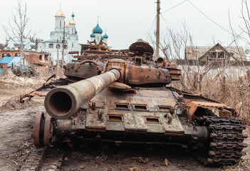 A burnt-out Russian tank on the street of Svyatogirsk, Donetsk region, Ukraine