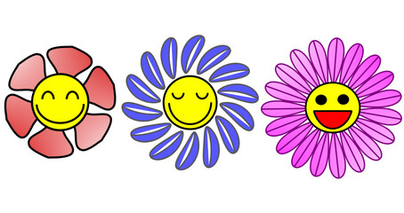 red, blue, purple cute funny smileys flowers cartoon illustration set. 
happy face, colorful, idea for t-shirt, mugs, stickers or other sublimation projects. 