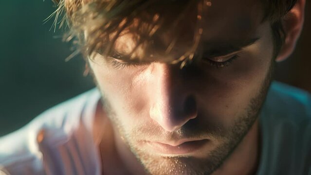 Closeup portrait of a young man his face tense and fatigued. The long hours at work and high expectations have drained him, male Looking Down at His Cell Phone While Standing in a Cityscape