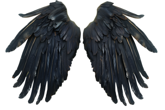 black angel wings with feathers isolated on background.
