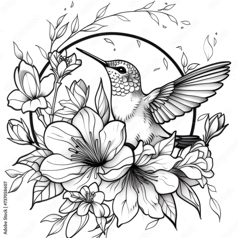 Wall mural black and white hummingbird and flowers tattoo design