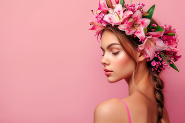 Beautiful girl with lily flowers on her head on pink background