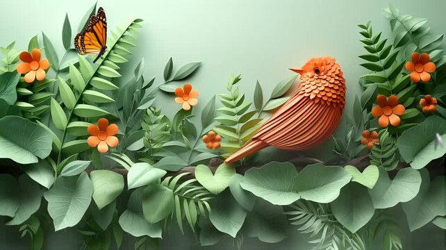 Bird and plants in paper art style with butterfly. Seamless looping time-lapse 4k video animation background