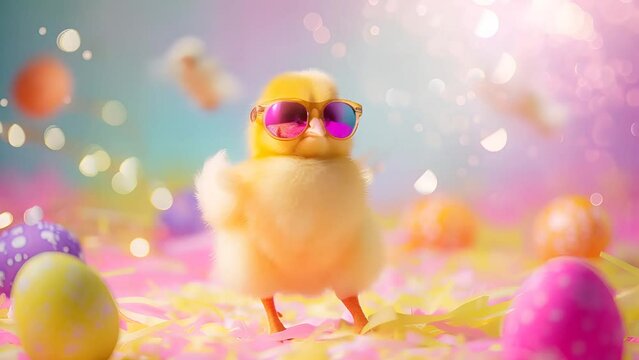 cute dancing chick character wearing sunglasses with Easter eggs flying around