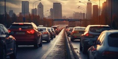 Car rush hours city street. Cars on highway in traffic jam