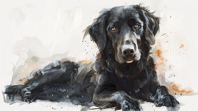 Graceful Canine Beauty: Delicate Watercolor Portrait of Flat-Coated Retriever on White Background