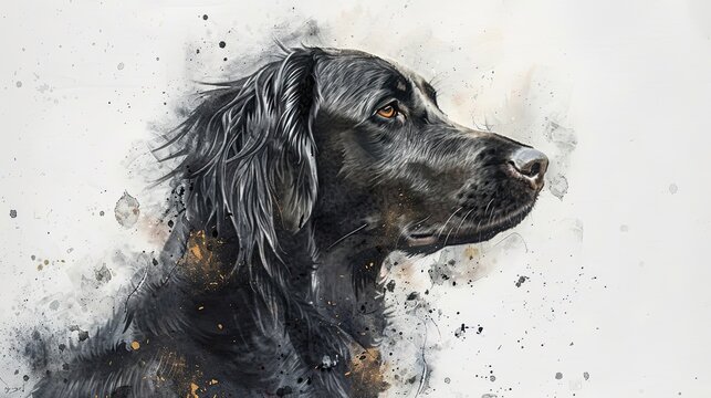 Graceful Canine Beauty: Delicate Watercolor Portrait of Flat-Coated Retriever on White Background