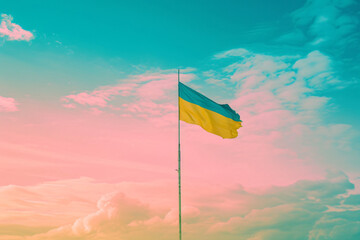 Ukraine flag fluttering in a wheat field against a blue sky