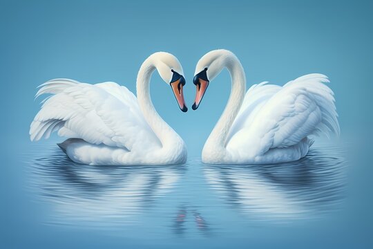 A pair of elegant swans, their graceful necks forming a heart shape, against a serene blue background.