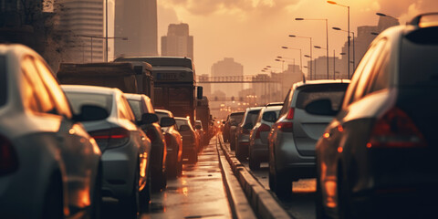 Car rush hours city street. Cars on highway in traffic jam - obrazy, fototapety, plakaty
