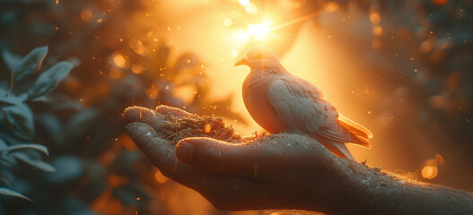 Hand releasing a bird into the air concept hope, peace and spirituality.Praying hands and white dove flying happily on blurred background with sunset , hope and freedom concept.Ai
