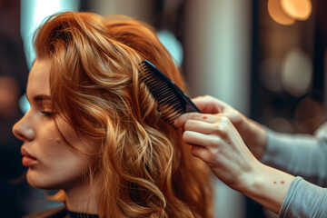 a woman getting her hair combed in a hairdresser salon