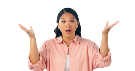 Wow, surprise or portrait of woman with why hands for news or announcement. Shocked and face Japanese model with emoji gesture for wtf, mind blown or info isolated on a transparent, png background