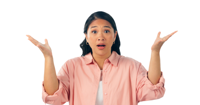 Wow, surprise or portrait of woman with why hands for news or announcement. Shocked and face Japanese model with emoji gesture for wtf, mind blown or info isolated on a transparent, png background