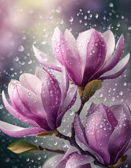 Piękne, fioletowe kwiaty Magnolii w kroplach wody. Generative AI