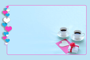 コーヒーとハートとピンクのリボンの贈物のハートフレーム（ブルーバック）