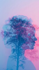 Merging nature with humanity, a silhouette double exposure in dreamy pastels