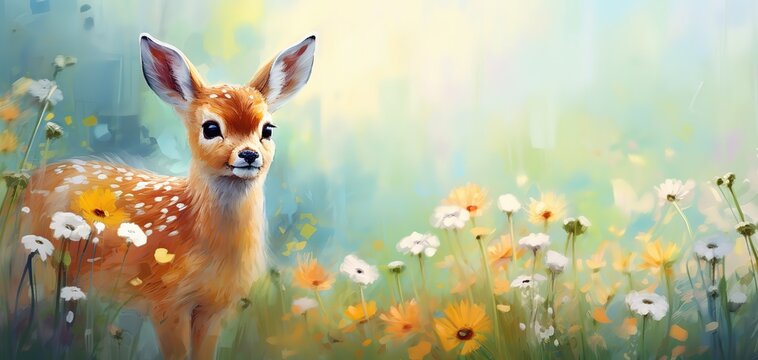 painting style illustration with grungy brush stroke texture, cute fawn walking in flower blossom wildflower meadow,  dreamlike atmosphere,  Generative Ai