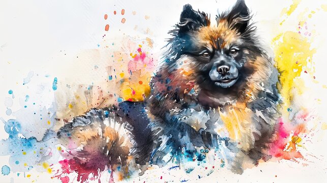 Whimsical Keeshond: Delicate Watercolor Portrait of a Playful Dog