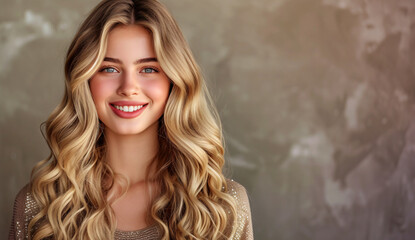 blond hair model posing front view portrait, in the style of wavy, dark beige, joyful - obrazy, fototapety, plakaty