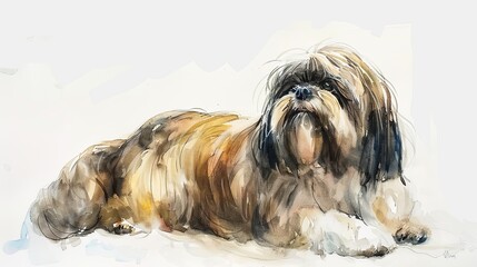 Naklejka na ściany i meble Whimsical Lhasa Apso: Delicate Watercolor Portrait of a Playful Canine