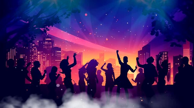 People dancing in the club on buildings background. Seamless looping time-lapse 4k video animation background