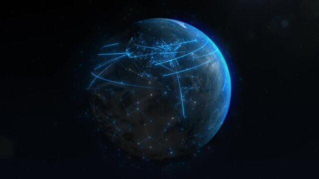 A rotating Earth from space, blue city lights. The moving lines crisscrossing the globe symbolize a global network connection, data transfer animations integral to web network and internet technology.