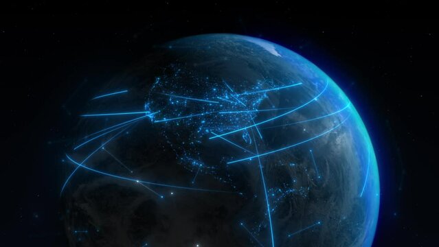 A revolving Earth with blue city lights. Data transfer animations, which are essential to web networks and internet technologies, are represented by the moving lines that cover the world.
