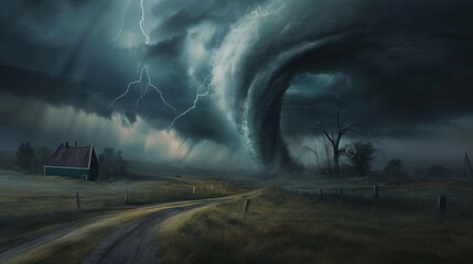 Dramatic stormy weather with a powerful tornado, capturing the intensity of nature's forces - obrazy, fototapety, plakaty