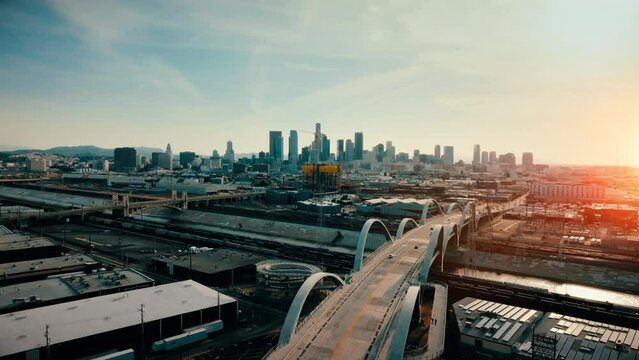 Aerial view of the Sixth Street Viaduct bridge. downtown Los Angeles California