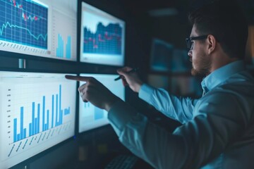 A financial analyst and manager reviewing market data on multiple screens