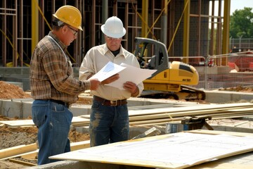 A project manager and foreman reviewing construction plans on a building site 
