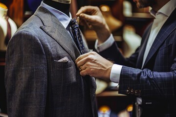 A tailor fitting a bespoke suit for an executive in an upscale boutique  - obrazy, fototapety, plakaty