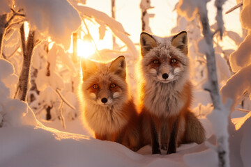concentrated foxes with looking at camera amidst snow winter forest at sunset
