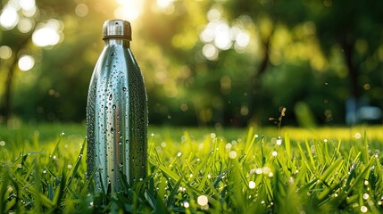 Stainless steel water bottle with droplets on the grass - obrazy, fototapety, plakaty