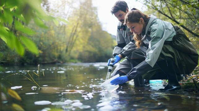 Two environmental scientists testing water samples in a river, lab equipment in use