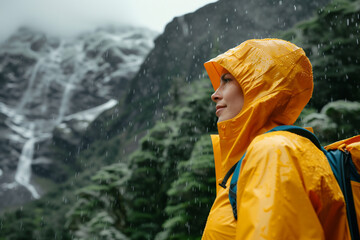 Hiker woman hiking in a yellow raincoat in rain. Healthy active lifestyle. - obrazy, fototapety, plakaty
