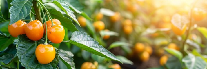 Fresh organic cherries growing on tree in greenhouse, healthy fruits concept with copy space