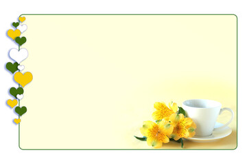 アルストロメリアの花束とコーヒーのハートフレーム（黄色の背景）