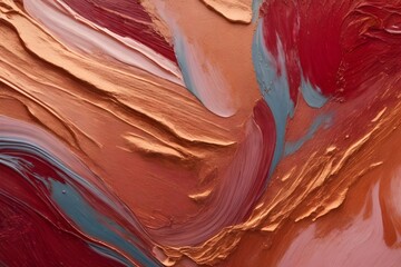 Obraz premium Closeup of abstract horizontal painting. Red burgundy, peach pink texture background. Visible oil, acrylic brushstroke, pallet knife paint on canvas. Contemporary art painting.