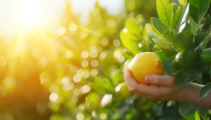 Ripe lemons on tree in greenhouse, healthy fruits concept with copy space, agricultural theme. - obrazy, fototapety, plakaty